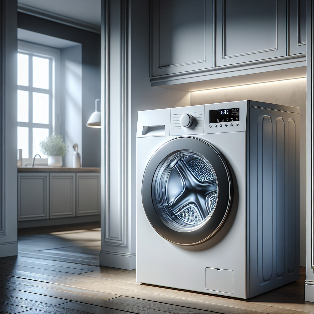 A basic washing machine in a modern kitchen or laundry room with a user-friendly design.