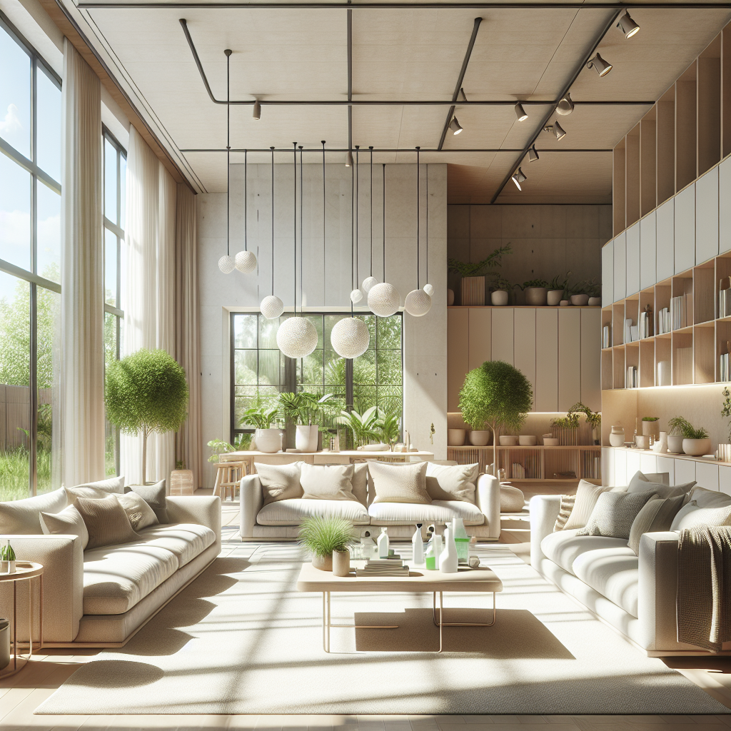 A tidy and inviting living room in a modern Oklahoma City home, showcasing cleanliness with eco-friendly products and minimalist decor.