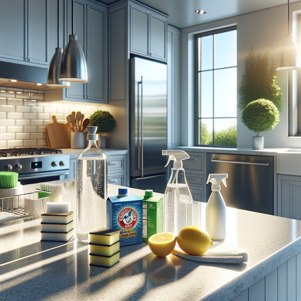 A modern kitchen featuring deep cleaning tools and eco-friendly products.