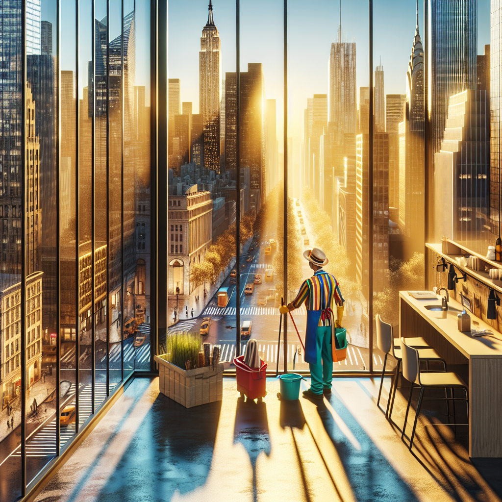 A depiction of New York City with a cleaner working in an office space during the golden hour.