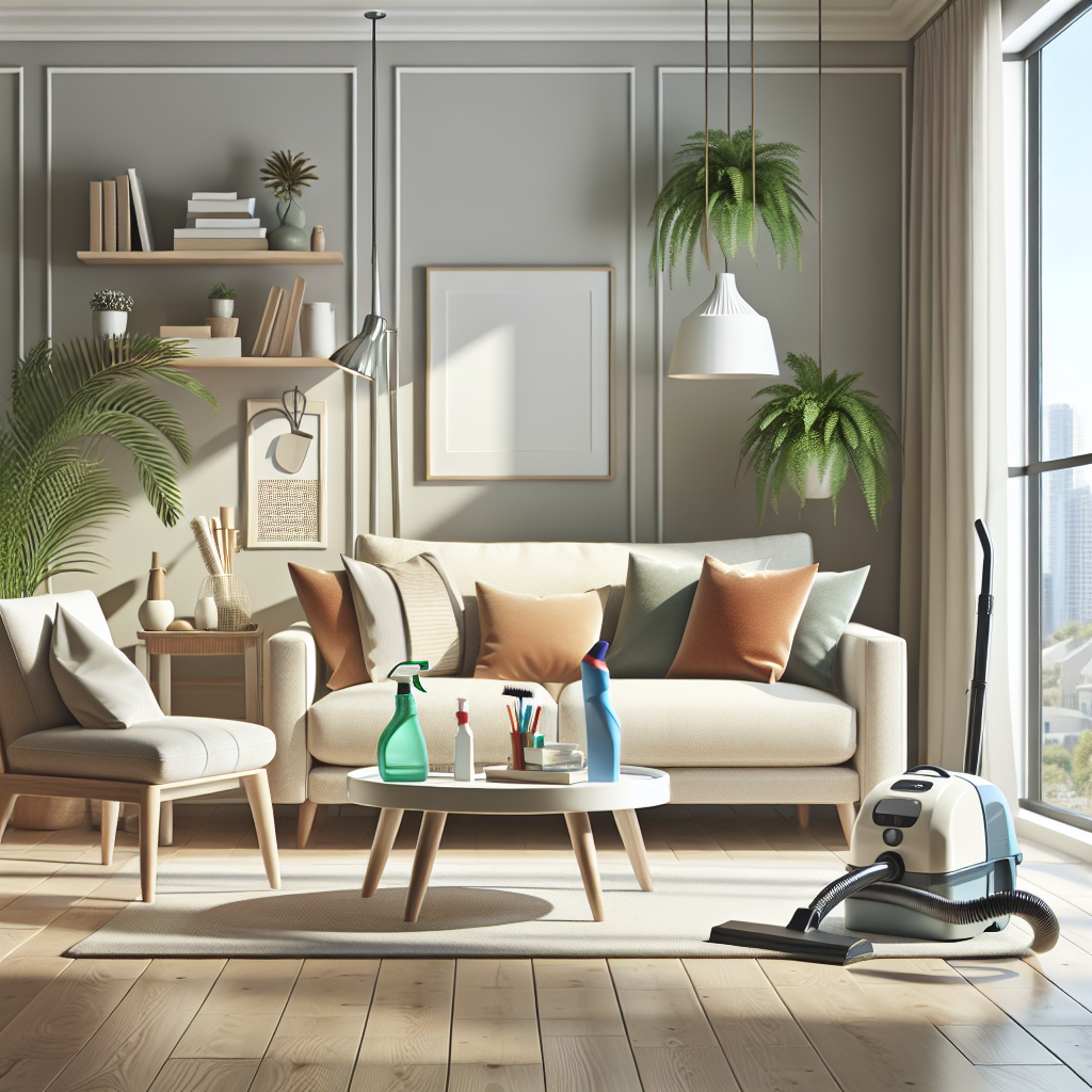 A clean and organized living room interior with cleaning supplies and a vacuum cleaner.
