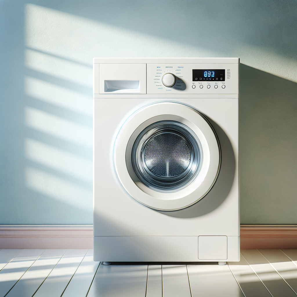 A realistic image of a basic white washing machine in a pastel-toned laundry room.