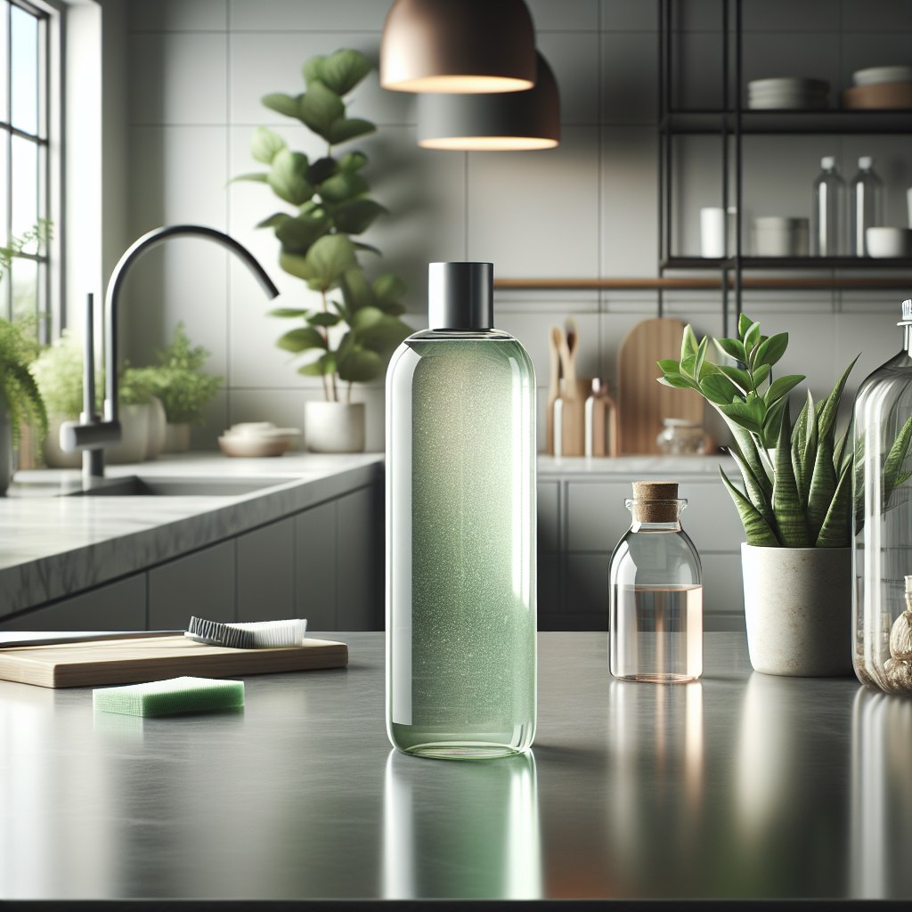 Basic H Cleaner by Shaklee on a kitchen countertop with eco-friendly elements.