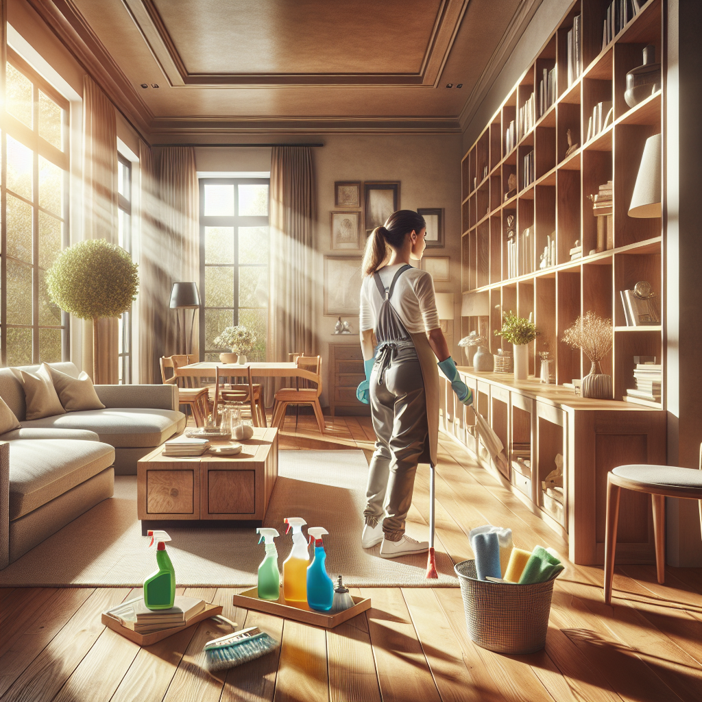 A professional house cleaner dusting a bookshelf in a bright suburban living room.