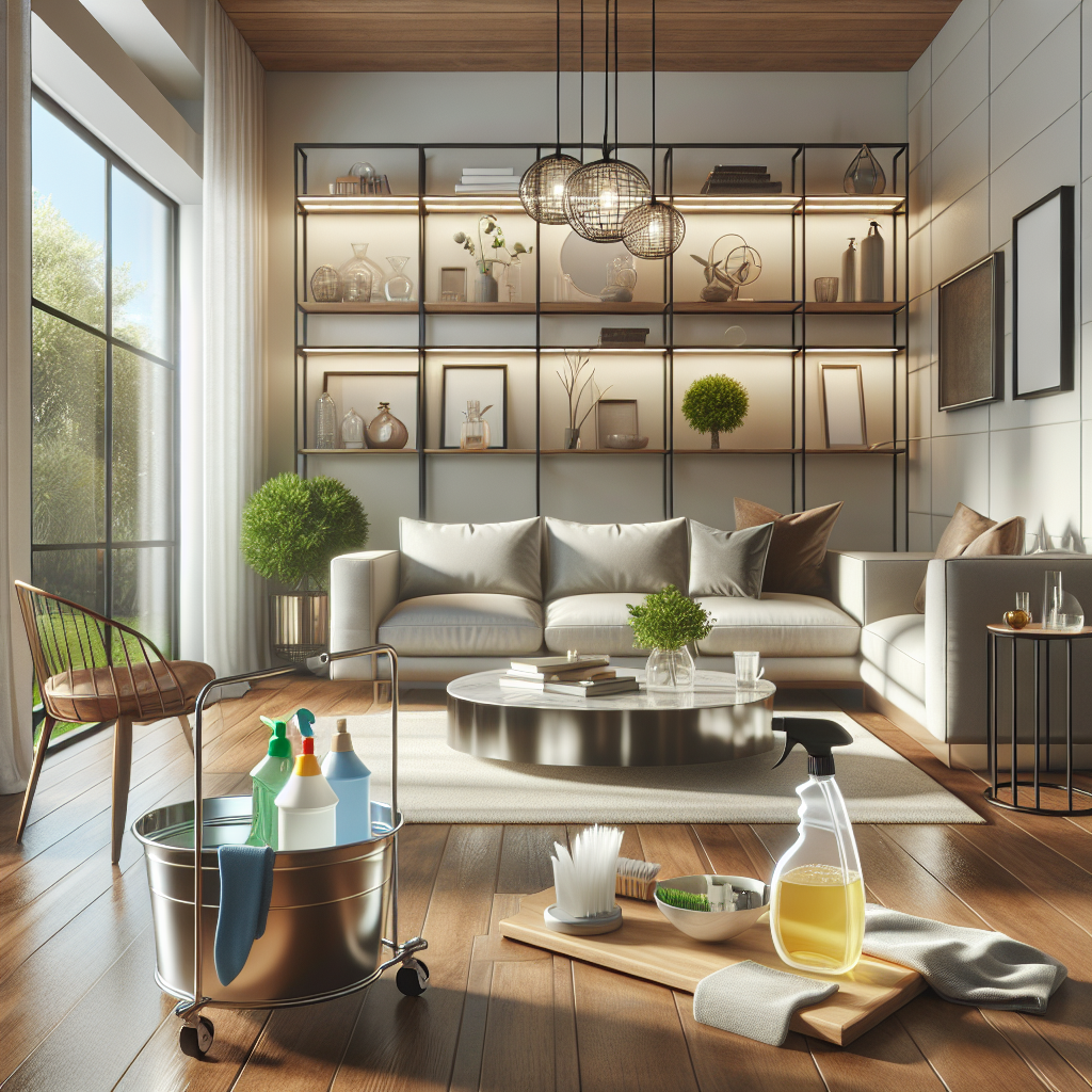 A modern living room being deep cleaned with eco-friendly products.