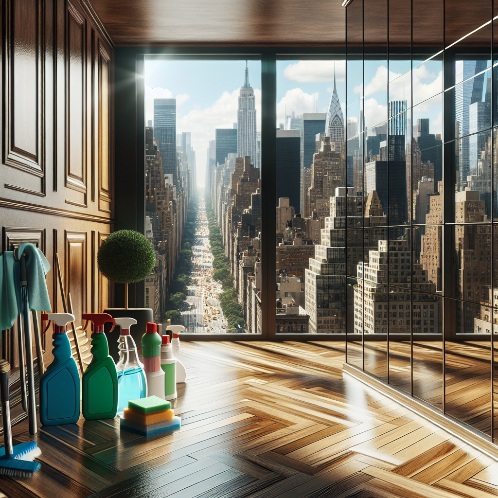 A realistic image of a New York City interior being meticulously deep cleaned, highlighting a pristine and sanitized atmosphere.