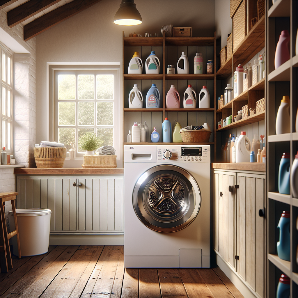 Realistic image of a basic white washing machine in a cozy laundry room.