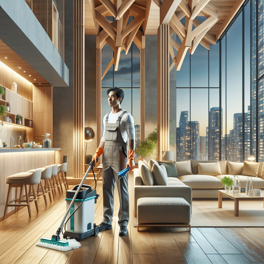 A realistic scene of a professional cleaner in an urban apartment, emphasizing residential cleaning services and equipment.