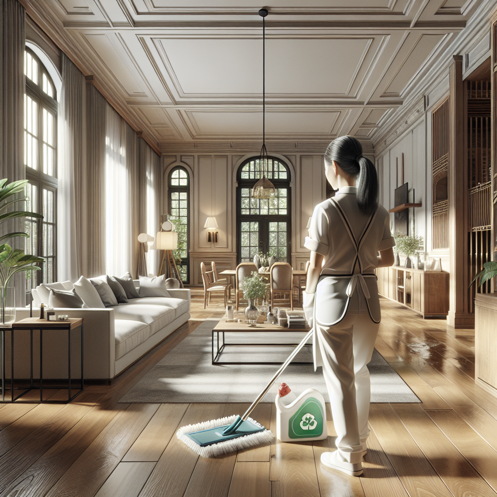 Professional cleaner working in a pristine residential setting, emphasizing high ceilings and natural light.