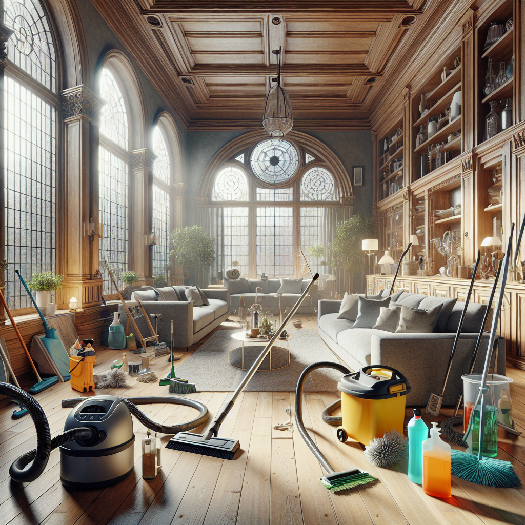 A realistic depiction of residential cleaning tools in a sophisticated living space with features like large windows and intricate woodwork.