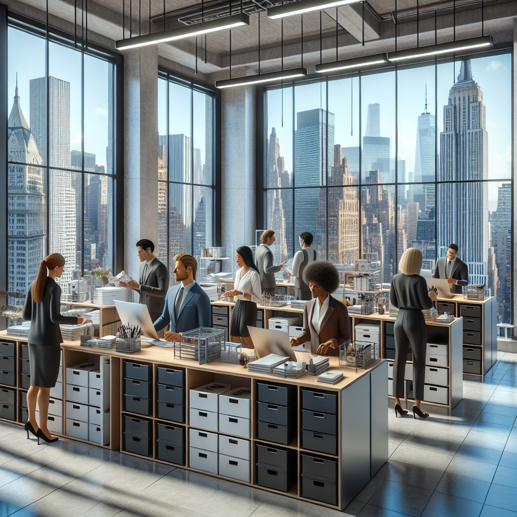 Professional organizers working in a New York City office, organizing desks and shelves.