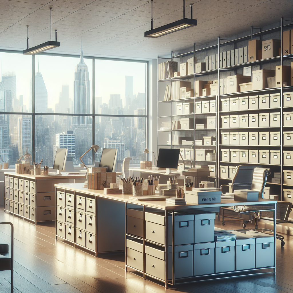 A professional organizer's office in NYC with organized shelves and modern decor.