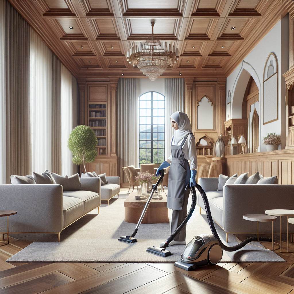 Scene of a modern urban living room being professionally cleaned.