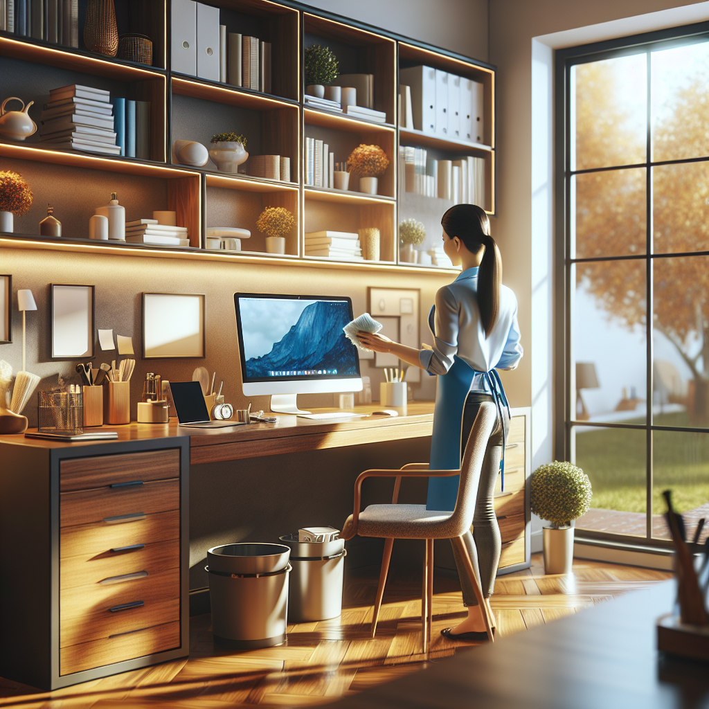 A home office being cleaned by a professional in a modern, well-lit setting.