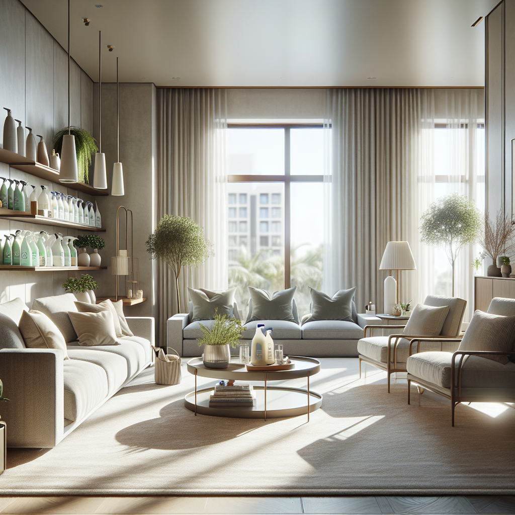 A spotless and organized living room in a home with modern furniture and natural sunlight.