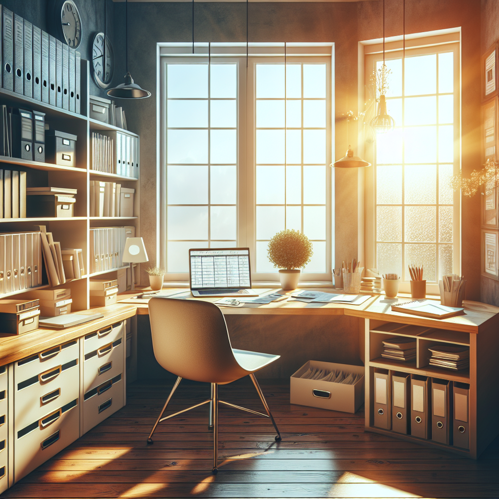 A well-organized home office corner with a laptop, paperwork, and natural light.