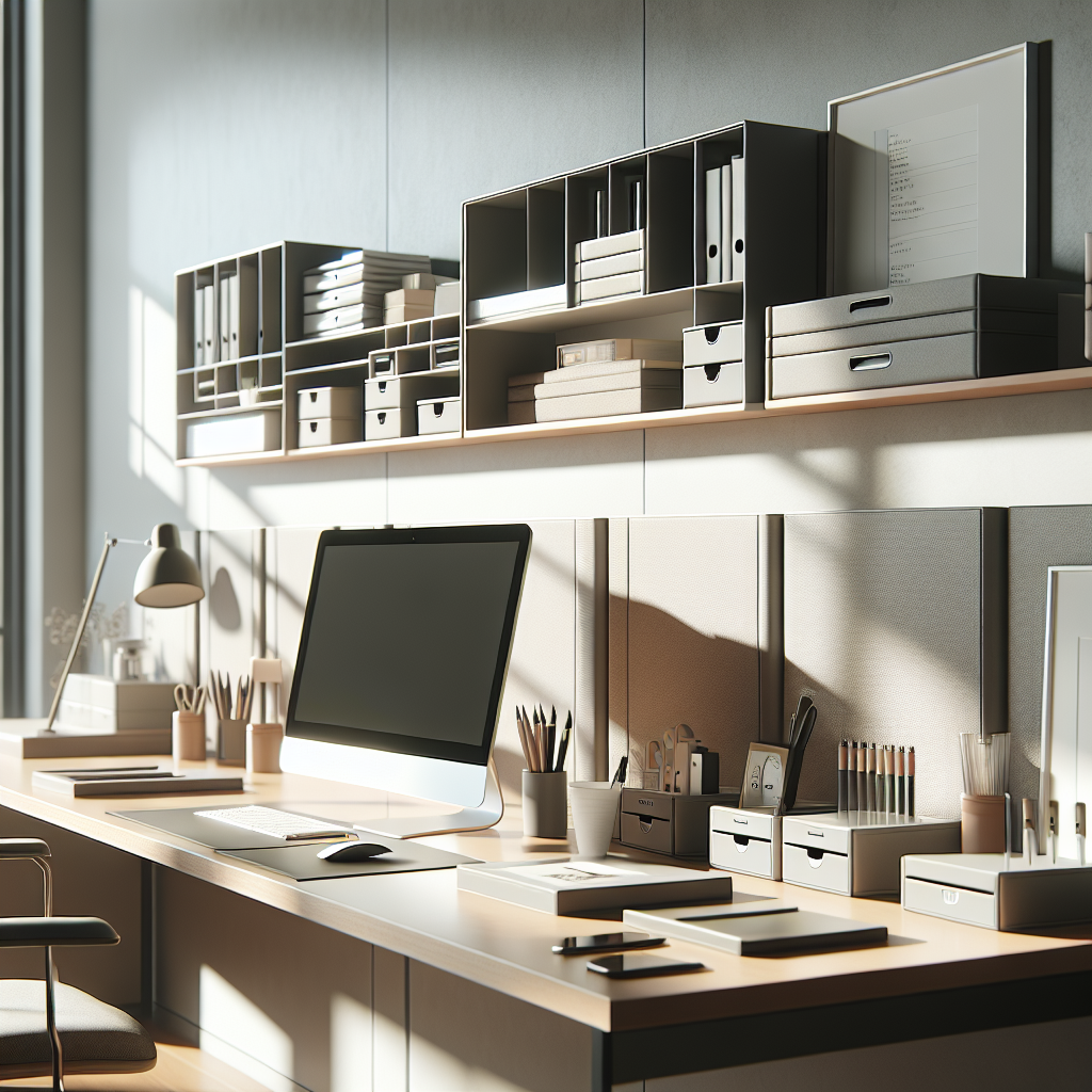 A realistic depiction of a well-organized modern office workspace.