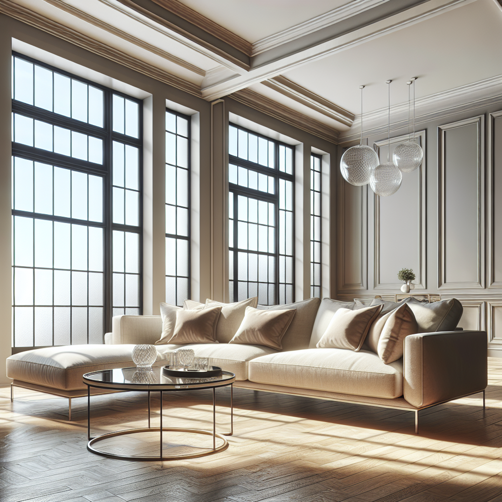 A clean and organized modern living room with natural light.