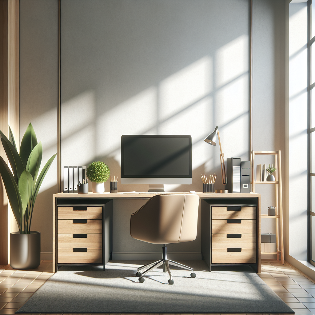 A clean and organized modern office interior with a desk, computer monitor, and natural light.