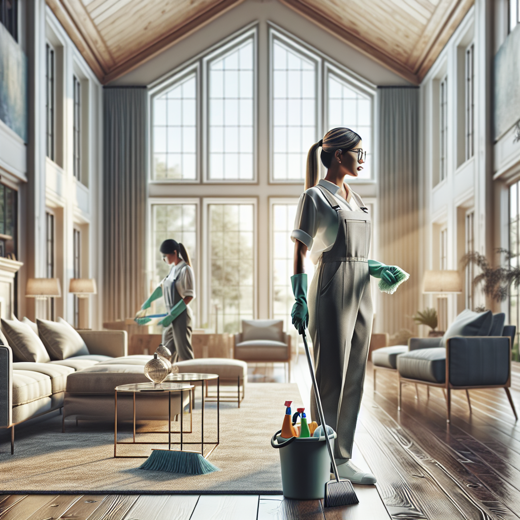 A professional cleaner working in a tidy living room in Dayton, Ohio with natural daylight.