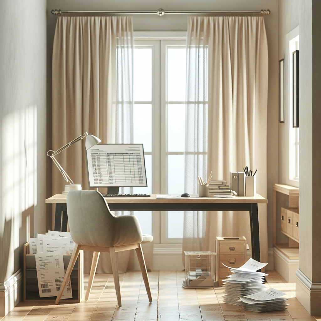 A realistic depiction of a tidy home office with organized documents on a desk.