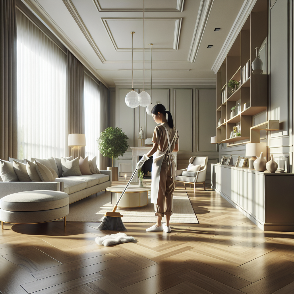 A clean living room with a cleaning service worker dusting in a modern home.