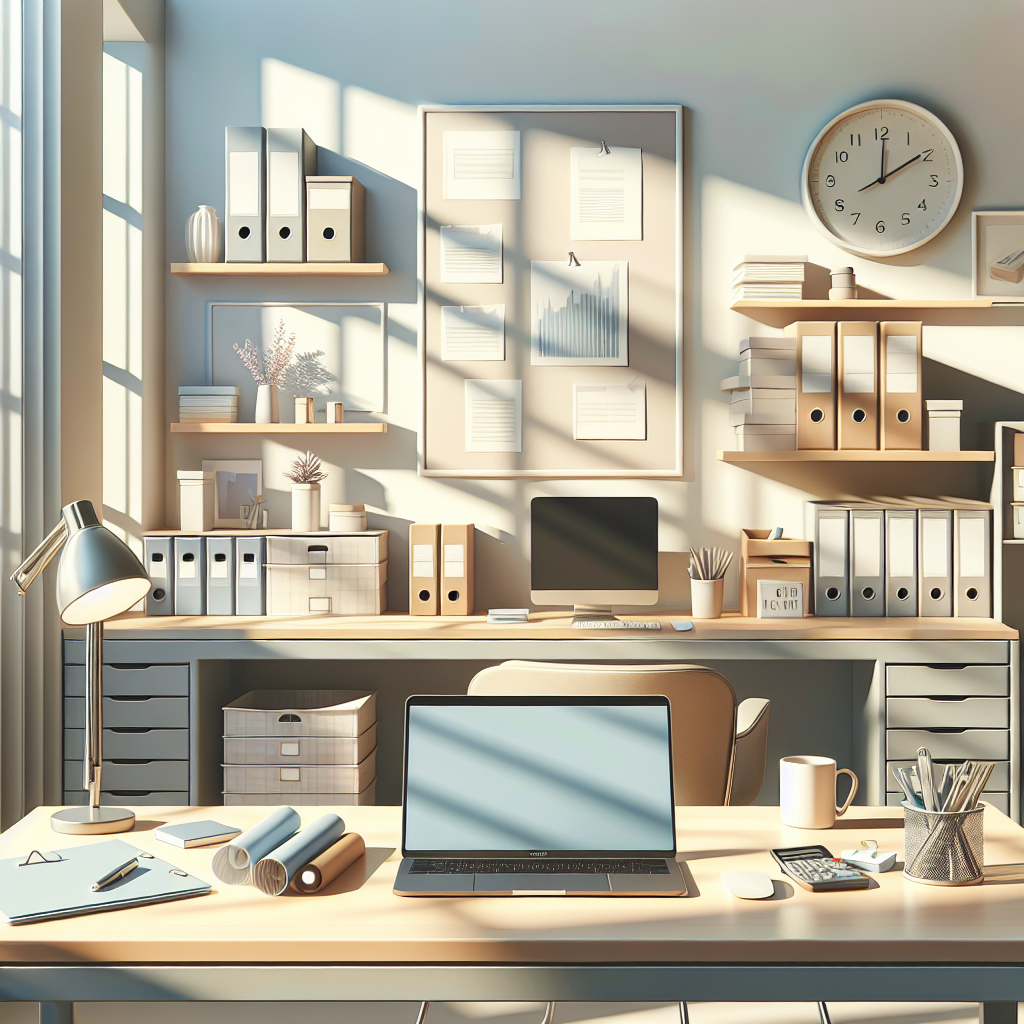 A tidy professional organizer workspace with organized desk and sunlit modern decor.