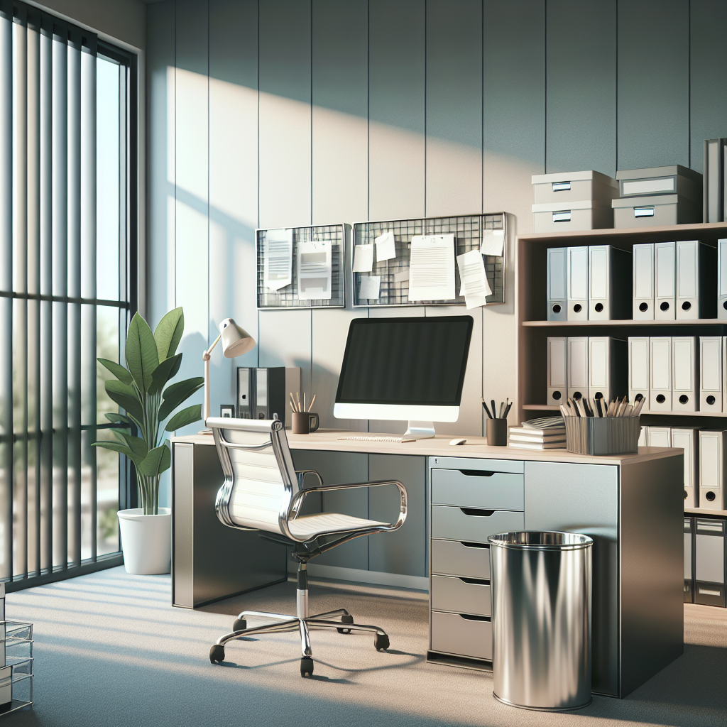 A clean, organized office space with a desk, computer, potted plant, and natural lighting.