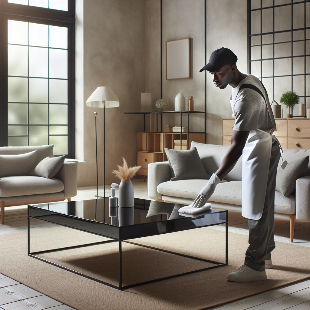 Realistic image of a professional cleaner in a modern living room, depicting house cleaning costs and services.