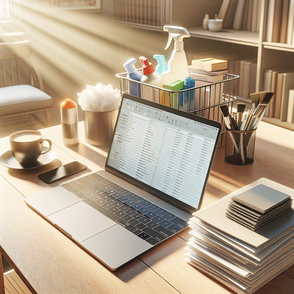 A realistic depiction of a well-organized home office with a cleaning supplies basket.
