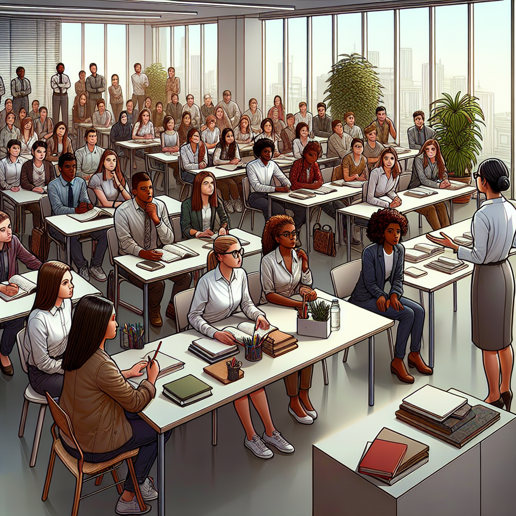 A professional organizer class in session with students and an instructor in a well-lit classroom.