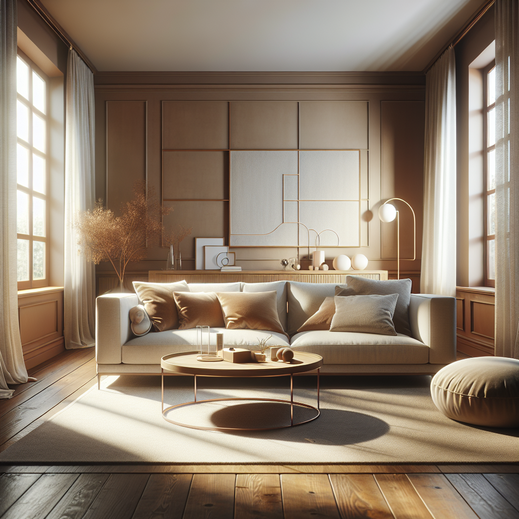A clean and tidy modern living room with a beige sofa and coffee table.