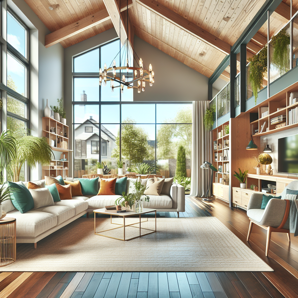 A clean and organized living room showcasing eco-friendly decor in a Dayton, Ohio home.