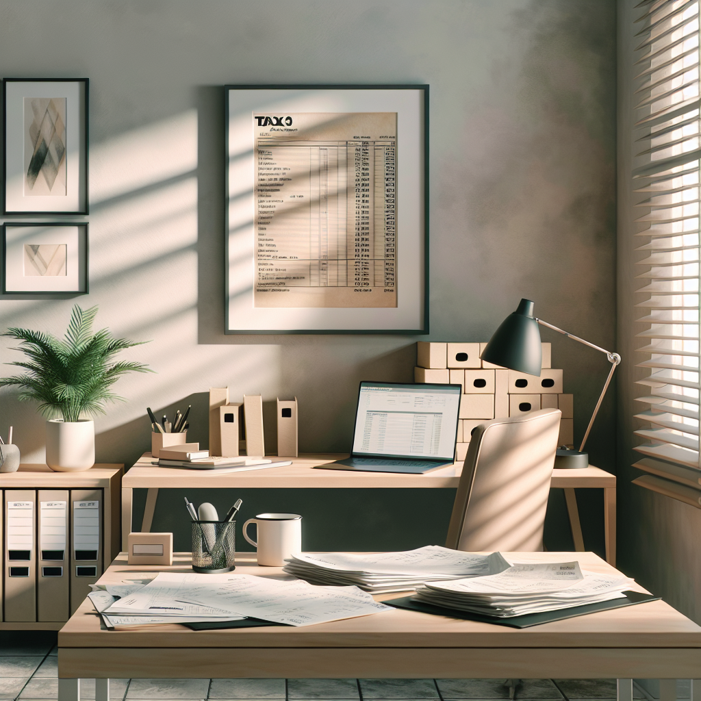 A cozy home office with organized tax documents and modern decor.