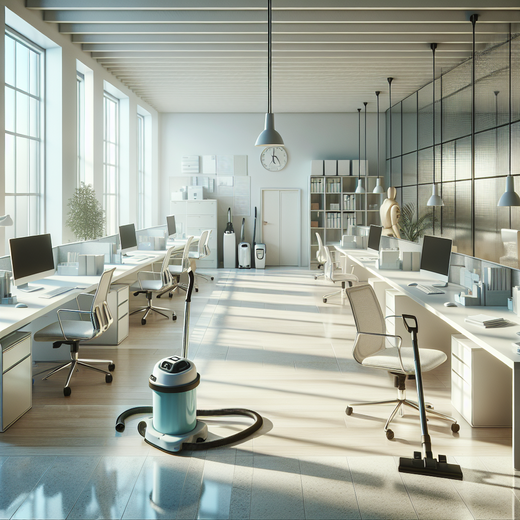 A clean and organized office environment, showcasing tidy desks and a bright setting.