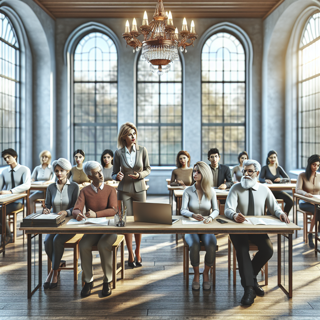 Realistic image of people attending a professional organizer class in a bright, organized room.