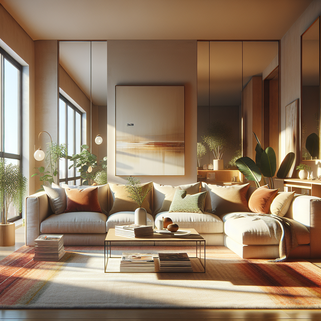 A professionally cleaned and organized modern living room with a beige sofa and natural lighting.