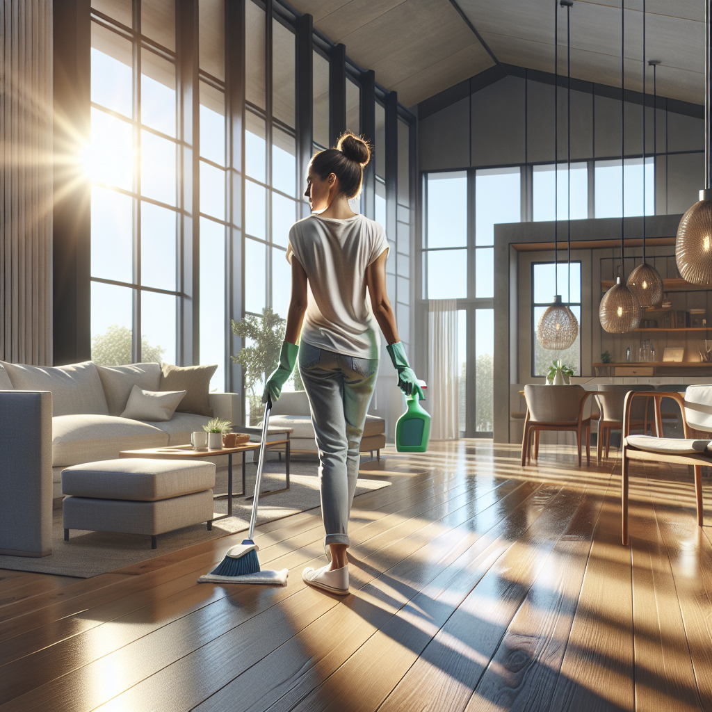 A professional house cleaner tidying a modern living room in Dayton, Ohio.