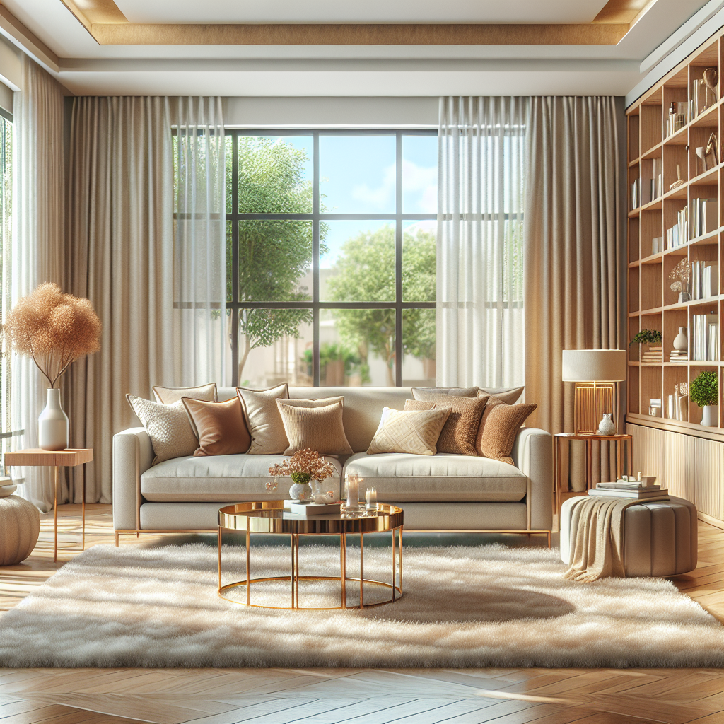 A clean and organized living room with sunlight streaming through large windows.