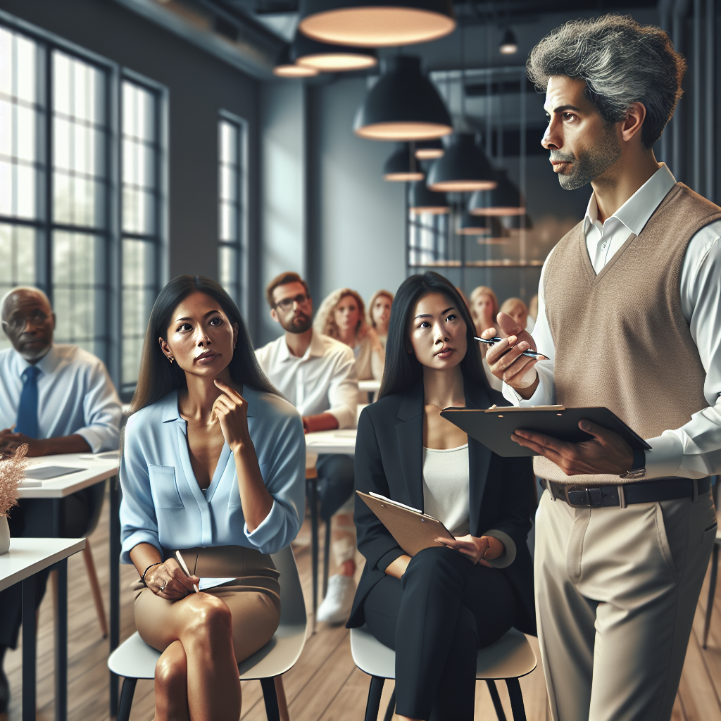 A professional organizer class with diverse participants and an instructor in a modern classroom.