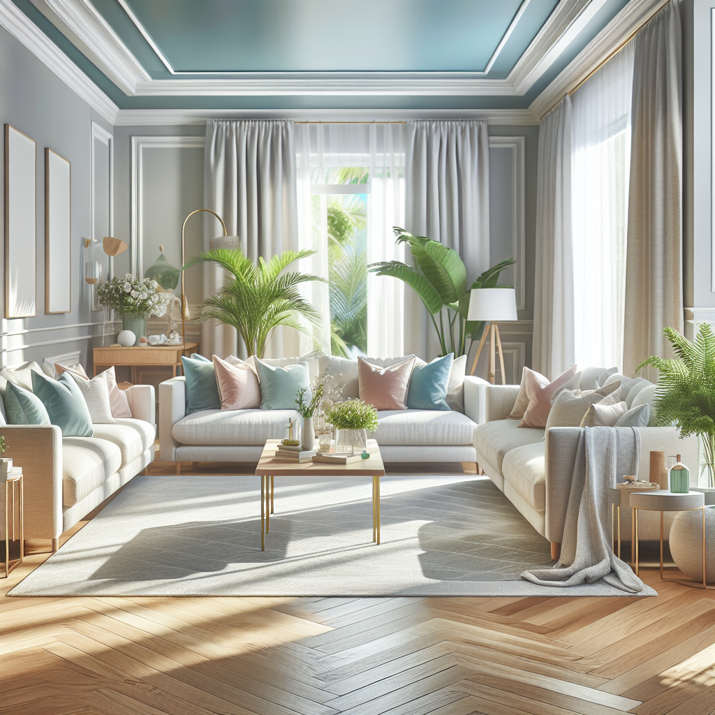 An organized and clean living room with soft colors and natural lighting.