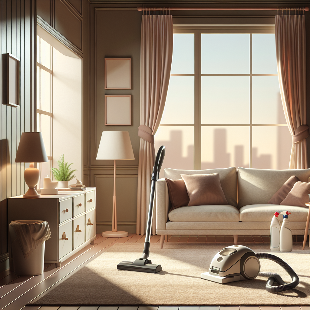 A clean and organized living room setup with cleaning tools and eco-friendly elements.