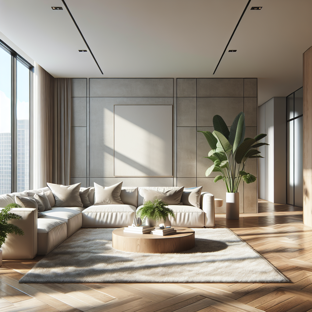 A clean and organized modern living room with a minimalistic design and natural lighting.