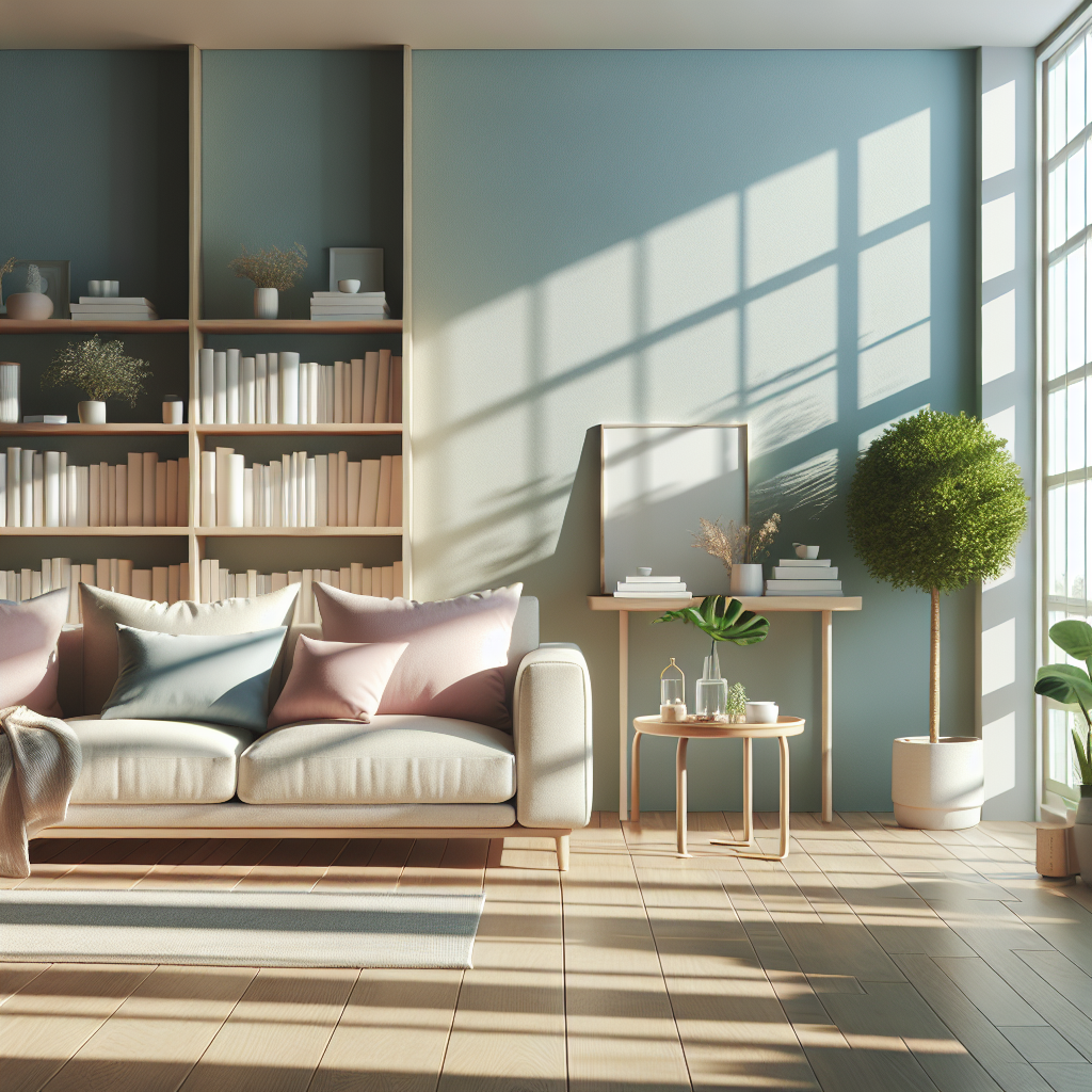 A clean and organized living room with soft, calming colors and natural light.