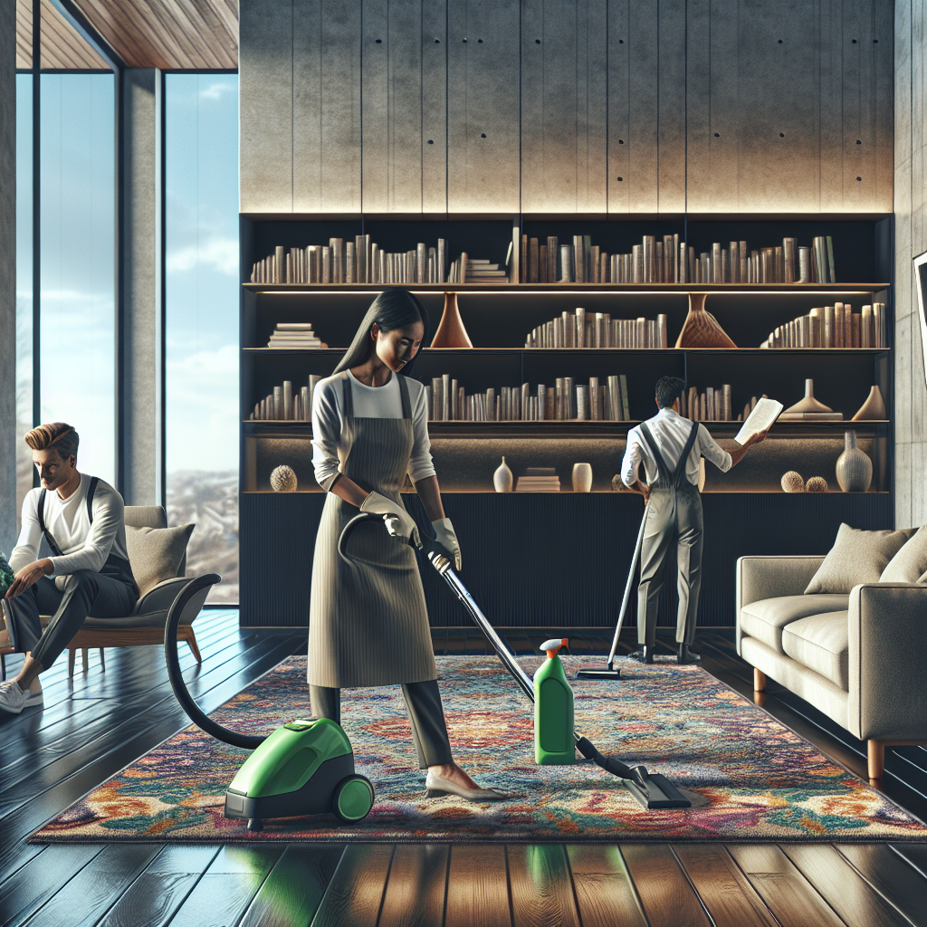 Professional cleaners working in a modern, clean home interior.