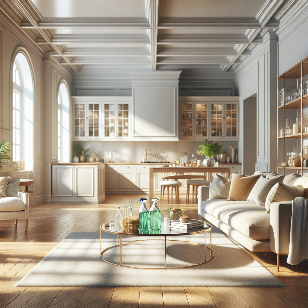 A clean and tidy home interior with sunlight streaming, emphasizing cleanliness and eco-friendly products.
