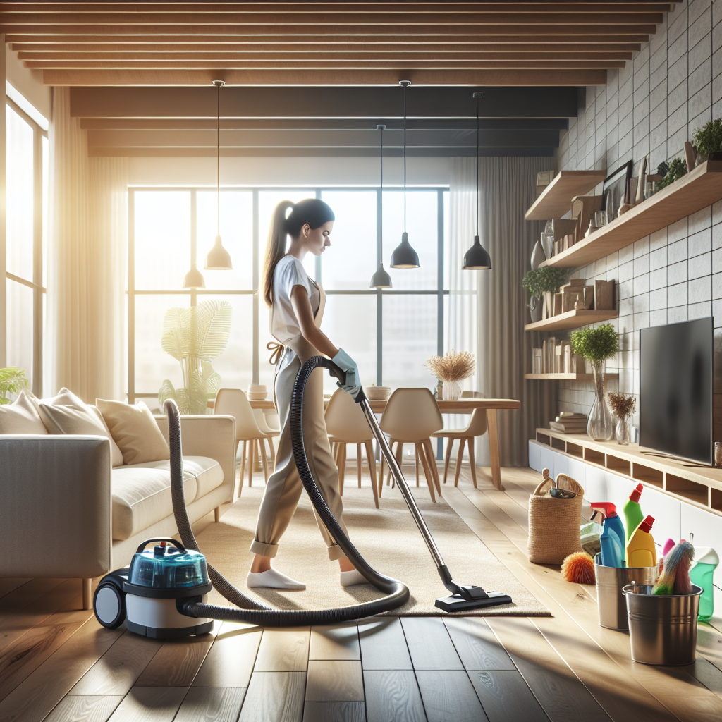 A professional cleaner in a modern, clean living room with eco-friendly supplies.