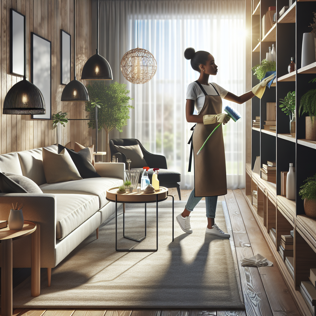 A professional cleaner tidying a cozy living room with natural light, showcasing cleanliness and organization.
