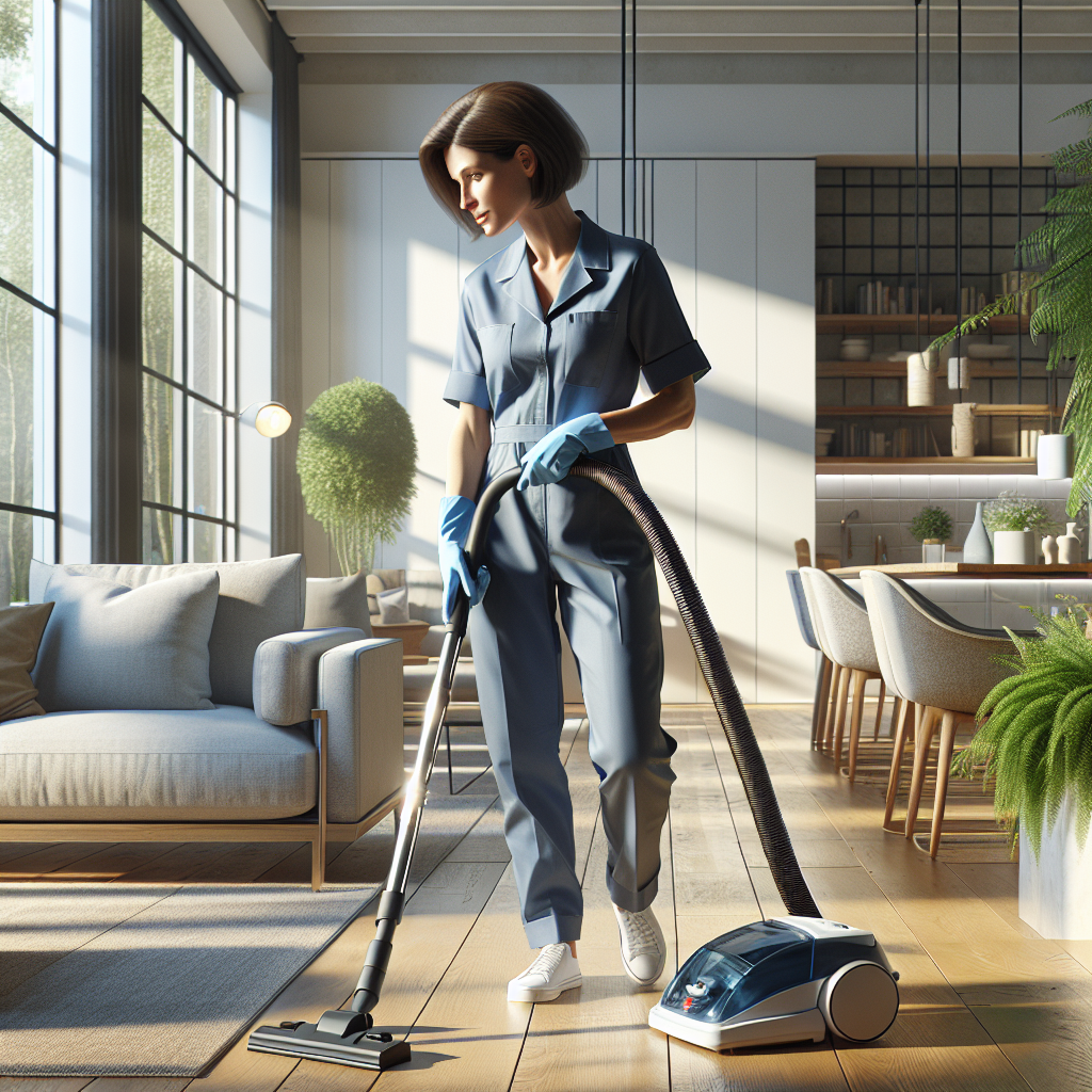 Professional cleaner in a spotless modern living room using a vacuum cleaner.