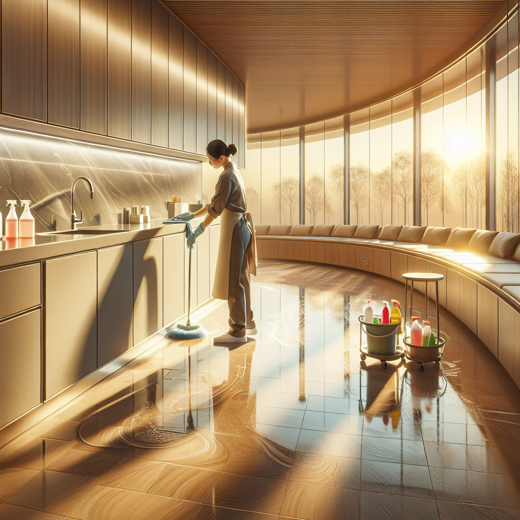Professional cleaner in an organized, clean room using eco-friendly products.